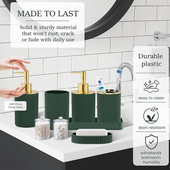 Dark Green Bathroom Accessories Set, 10PC Bathroom Set, Bath Accessory with Pop Up Trash Can, Soap Dispenser, Toilet Brush, Toothbrush Set Qtip Holders & Tray