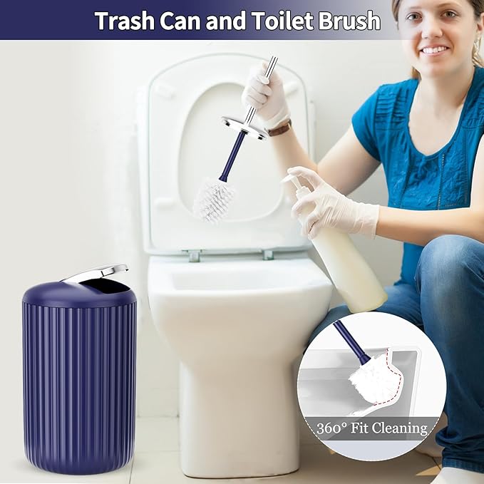 XLHOMO 9PCS Nave Blue Bathroom Accessories Set Complete with Trash Can, Vanity Tray, Soap Dispenser, Soap Dish, Toothbrush Holder, Toothbrush Cup, Toilet Brush and Qtip Holders