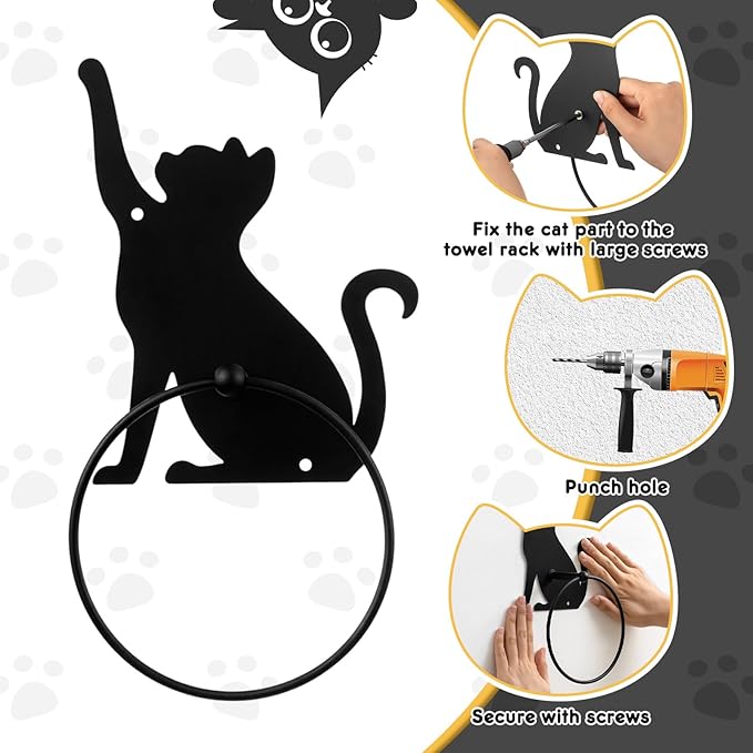 2pcs Cat Metal Towel Rings Christmas Cat Towel Holder Oil Rubbed Bath Towels Ring Black Art Hand Towels Rack for Bathroom Kitchen Hanger Home Decors Gifts