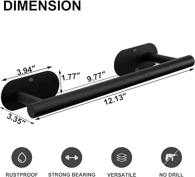 TocTen Self Adhesive Bathroom Towel Bar, Stick Towel Rack for Bathroom, Rustproof Stainless Steel Bath Towel Holder No Damage, Easy to Install Drill Free Towel Rod for Bathroom (Matte Black, 12 Inch)