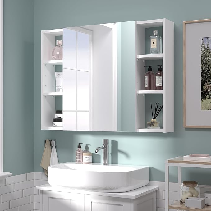 Bathroom Cabinet with Mirror, Wall Cabinet with 2 Mirrored Doors, Adjustable Shelf, Open Compartment, Wall-Mounted, 24x32 Inches, White (Assembly Required)