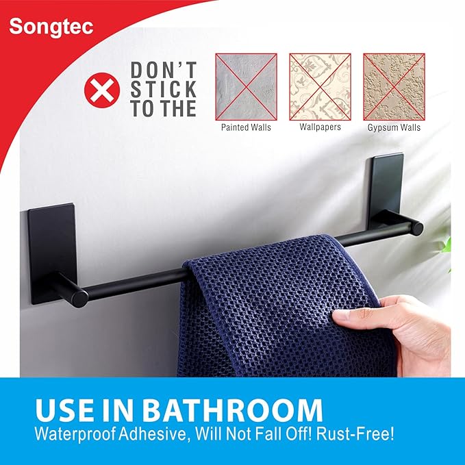 Songtec Adhesive Towel Bar Black 16-Inch, Stick On Bath Towel Rack No Drill, Strong Adhesion Tape Mount Towel Holder, Stainless Steel - Black