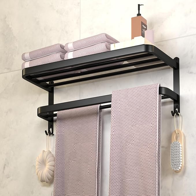 DDS-DUDES 15 Inch Black Towel Racks for Bathroom Towel Shelf with Double Towel Bars Lavatory Wall Mount Holder with Hooks Stainless Steel Hotel Bath Rack (Matte Black)