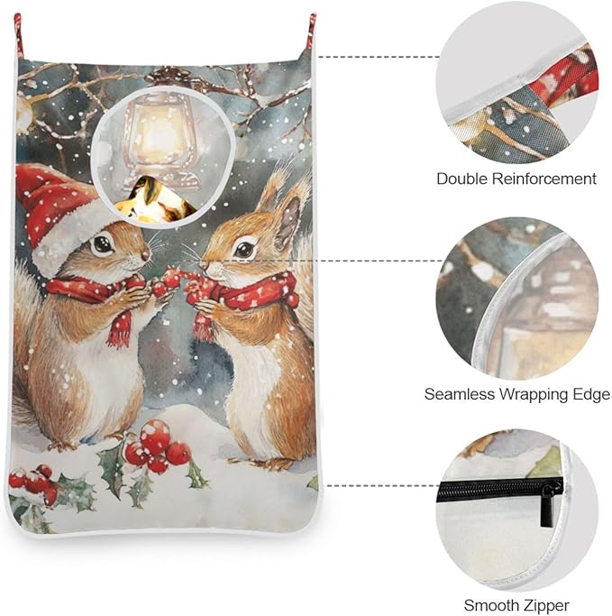 Christmas Squirrels Watercolor White Door Hanging Laundry Hamper Bag with Free Adjustable Stainless Steel Hooks Dirty Clothes Hamper Extra Large Over the Door Laundry Hamper 29.5X20inch 2Pack