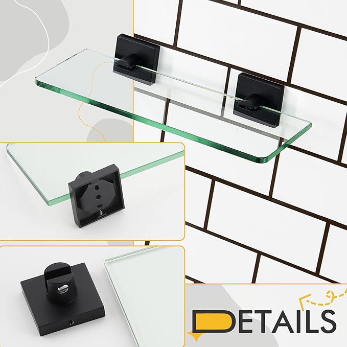 KOKOSIRI Glass Shelf Floating Bathroom Shelves 12-Inch Tempered Glass Rack for Shower Storage Wall Mount, 2 Pack Black Stainless Steel B1107BK-L12-P2