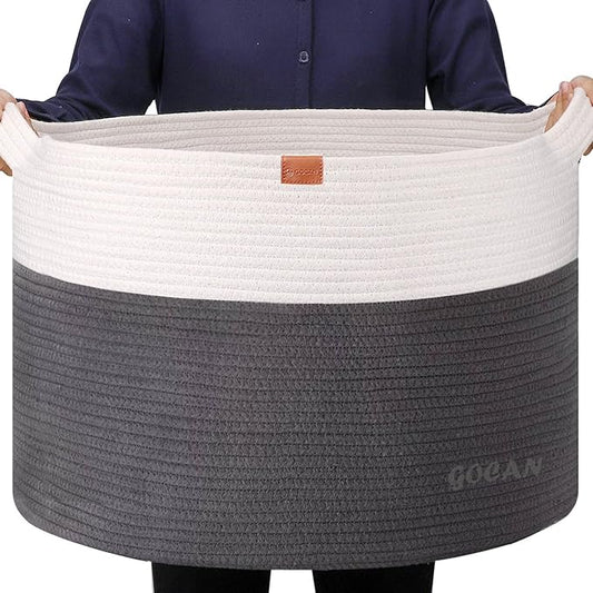 GOCAN Extra Large Laundry Basket toy storage 22"X22"X14" blanket basket Cotton Rope Woven Baskets with Handles for Living Room (Grey/Beige) XXXL