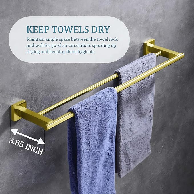 SEIDO 24 Inch Double Towel Bar, SUS 304 Stainless Steel Rustproof Towel Rack Wall Mounted, Heavy Duty Square Base Double Towel Holder for Bathroom, Kitchen, RV (Brushed Gold)