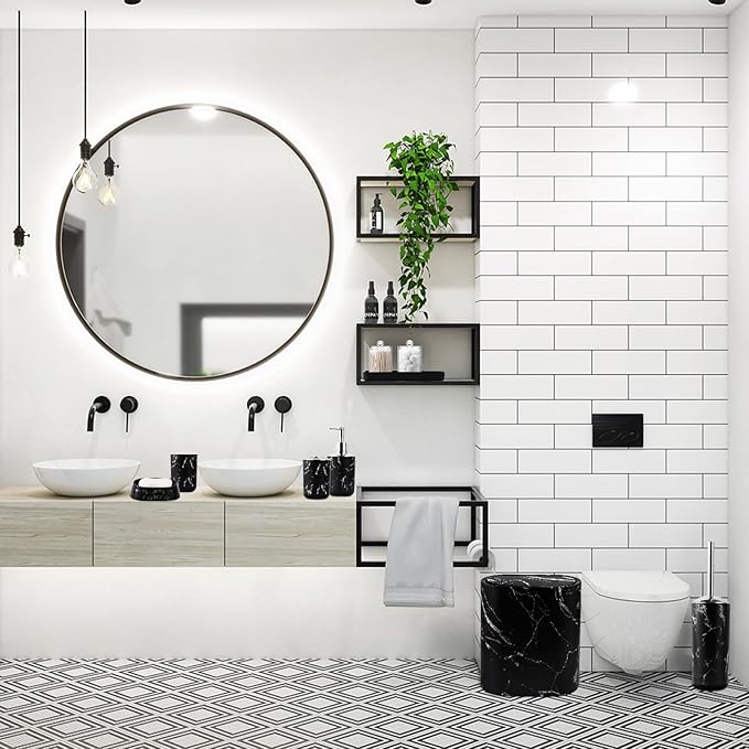 Bathroom Accessories Set, 9-Piece Marble Black Bathroom Set, Black Bathroom Accessories with Slim Trash Can, Soap Dispenser, Toilet Brush, Toothbrush Set, Qtip Holders