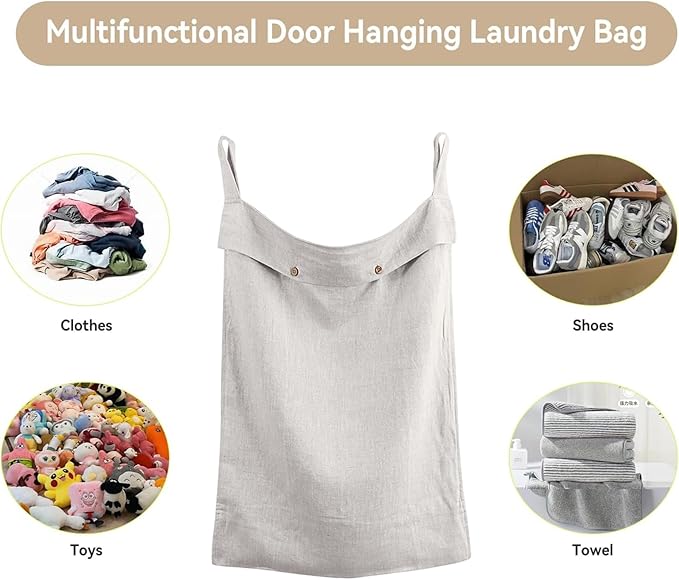 100% Linen Hanging Laundry Hamper Bag 22x36 Inch, Over the Door with 2 Buttons and Bottom Zipper Saving Space Wall Back organizers For Dirty Clothes Dorm Travel College Camp Sock big Capacity