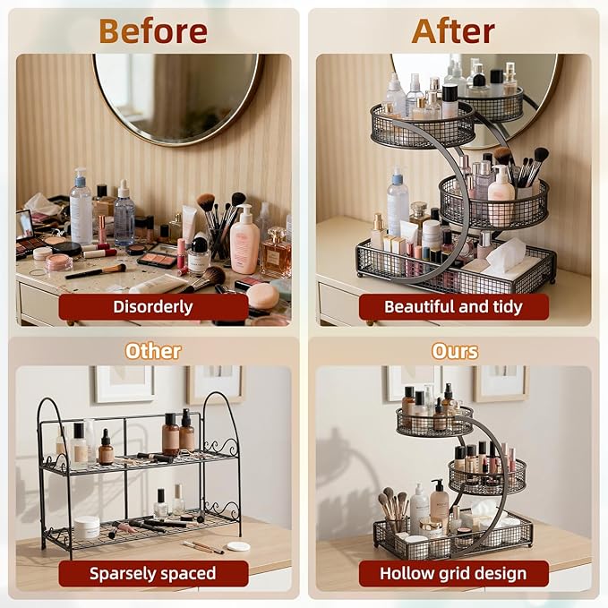 3 Tier Spiral Bathroom Countertop Organizer Shelf, Multi-Purpose Metal Makeup Storage Rack for Cosmetics, Toiletries, Spices, Ideal for Bathroom, Kitchen, Bedroom, Office, No Assembly Required- Black