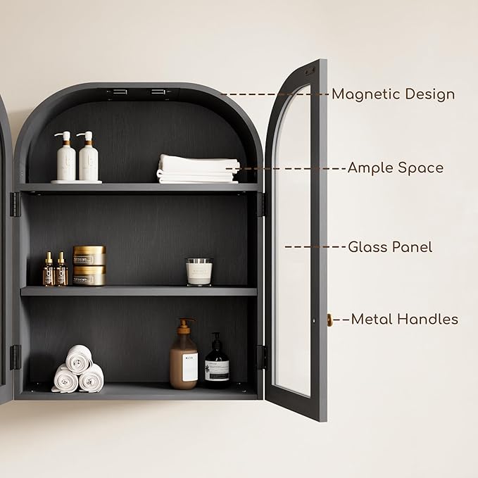 Fatmok Arched Bathroom Wall Cabinet Over The Toilet Storage Cabinet, 23.6"x31.5" Wood Medicine Cabinet Wall Mounted with Glass Doors & Adjustable Shelf, Floating Wall Cabinet for Bathroom(Black)