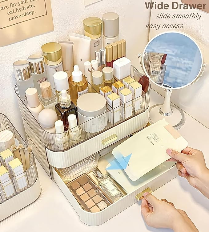 Makeup Organizer with Drawer, Stackable Cosmetic Organizer for Vanity and Bathroom Countertop, Clear Storage for Perfume, Skincare, Lipstick and Brushes, Cream White