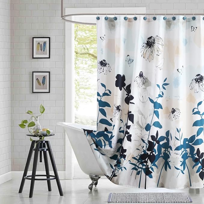 Fabric Floral Shower Curtain, Blue Black Beige Watercolor Plant Shower Curtains for Bathroom, Modern Decorative Bathroom Curtains, 72" W x 72" H