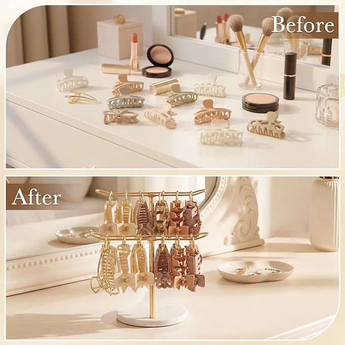 Lewtemi 2-tier Metal Claw Clip Organizer with 24 Golden Rings Hair Clip Holder Stand Claw Clips Storage Display Rack Hair Accessories Organizer Room Dressing Table Bathroom Decor for Women and Girls