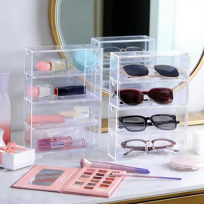 2PCS Sunglass Organizer Clear Acrylic Organizer, 9.65*6.89*2.56 Inch Plastic Stackable Eyeglass Case Storage Organizers with 4 Drawers, Glasses Organizers for Women for Glasses Jewelry Watch Storage