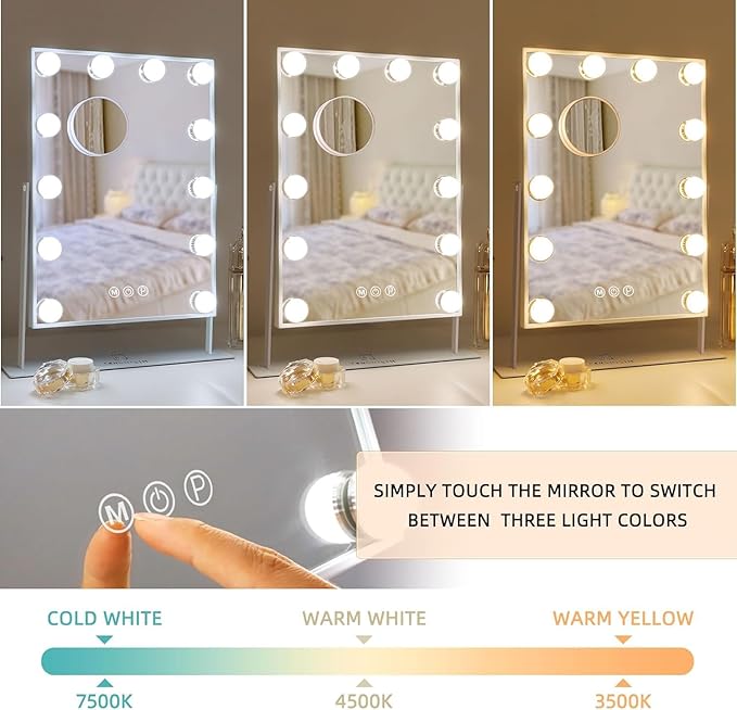 FENCHILIN Vanity Mirror with Lights, 19''x12'' Makeup Hollywood Mirror for Desk with 12 Bulbs Light Smart Touch Control 3 Colors Dimmable Light Detachable 10X Magnification 360°Rotation