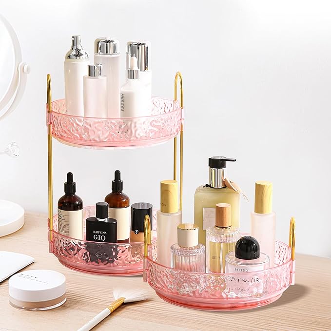 Fangoo 3 Tiers Pink Rotating Makeup Organizer for Vanity, 360 Spinning Skincare Organizers for Dresser Perfume Organizer Large Skincare Make Up Storage Cosmetic Organizer for Bathroom Countertop