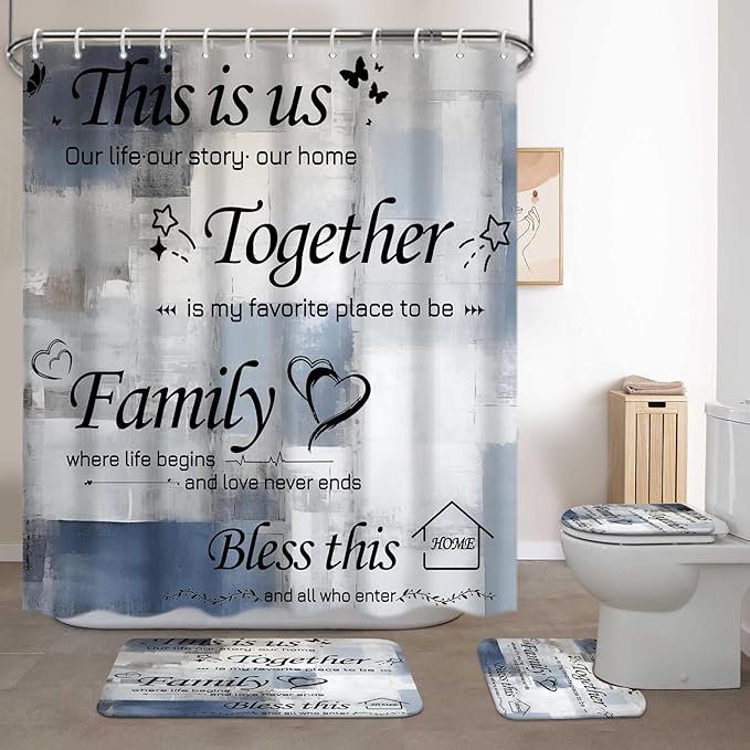 Lnond 4Pcs Bathroom Shower Curtain Sets with Rugs, Navy Blue Motivational Home Family Bathroom Sets with Shower Curtain and Rugs and Accessories