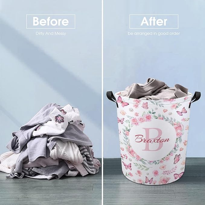 Custom Name Laundry Baskets,Personalized Butterfly Laundry Hamper for Kids Baby Adults,Collapsible Clothes Storage Organizer,One Size