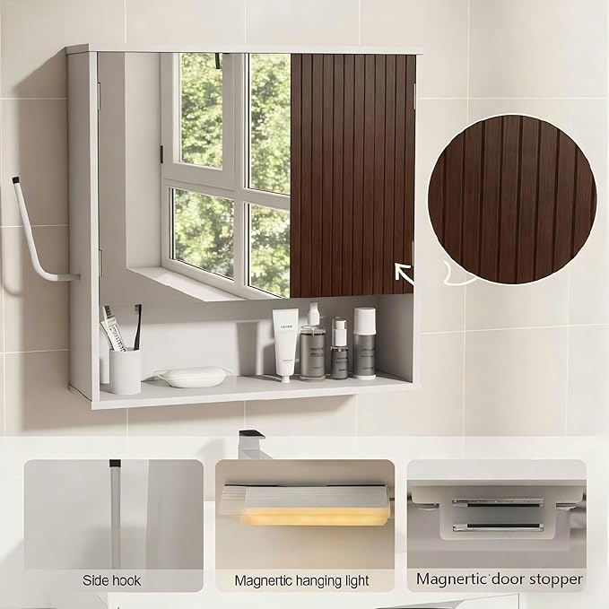 Bathroom Wall Cabinet With Mirror,wall mounted bathroom cabinet,Medicine Cabinet with 2 Door ,Side Hook,Light and Adjustable Shelves,White Cabinet with Wood Grain,Over The Toilet Space Saver Cabinet.