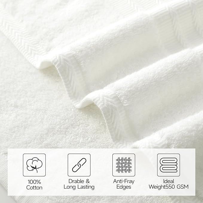 REDKISS 8 Piece Off White Towels Set - 100% Cotton Towels Set with 2 Large Bath Towels, 2 Hand, 4 Washcloths, 600 GSM Highly Absorbent Bath Towel Sets, Cream Quick Dry Shower Towel for Family Gym