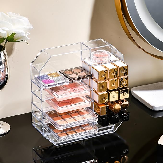 Cosmetic Display Case，Makeup Organizer – 2-Piece Vanity Drawer Organizer for Countertop Clear Makeup Storage Box for Lipsticks, Eyeshadow, Blush, Nail Polish & More