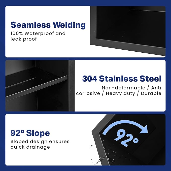 Stainless Steel Shower Niche No Tile Needed 24"x12" Inner Size (25.19"x13.19" Outside Size) Matte Black - Niche for Shower Wall - Bathroom Niches - Includes Corner Shelves Razor Holders and Wall Hooks