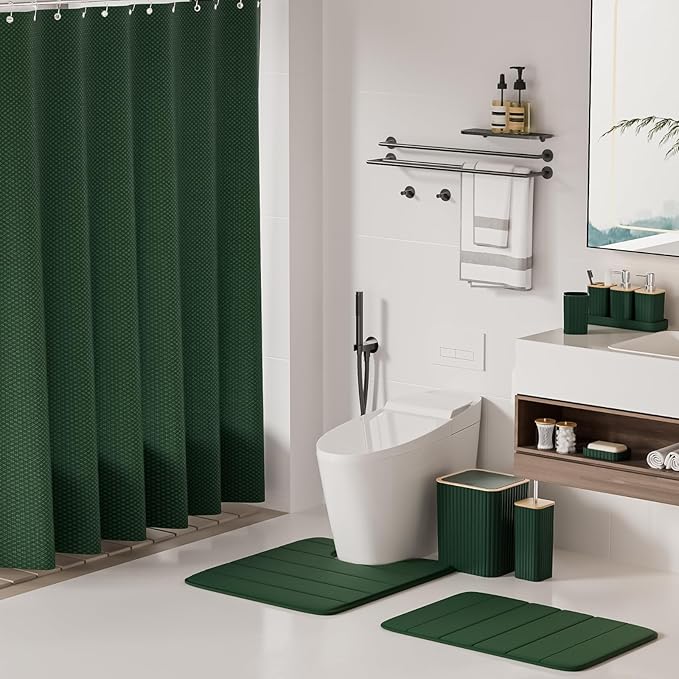 XLHOMO Bathroom Accessories Set - 25PC Green Bathroom Set, Bathroom Set with Shower Curtain and Rugs, Green Shower Curtain Set, Toilet Brush, Bathroom Trash Can