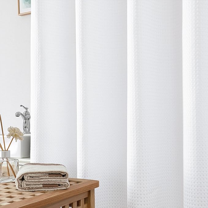 OWENIE White Shower Curtain, Stall Small Waffle Weave Heavy Fabric Shower Curtains for Narrow Size Bathroom, Waterproof Soft Hotel Spa Luxury Bath Curtain Set, Machine Washable, White, 36x72 Inch