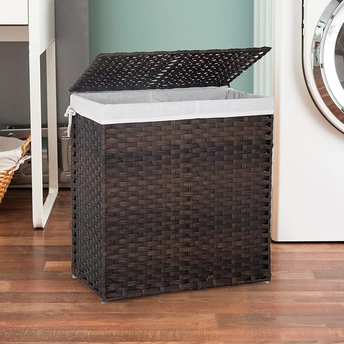 Paylesshere Laundry Basket Handwoven Laundry Hamper 90L/110L Foldable Rattan Hamper With Lid,2 Removable Liner Bags & 6 Laundry Bags,Clothes Hamper Bathroom Laundry Basket,Brown