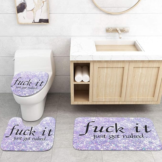 ArtSocket 4PC Purple Funny Get Naked Shower Curtain Sets Diamond Gold Bathroom Decor with Rugs, Non-Slip Rug,Toilet Lid Cover, Bath Mat and 12 Hooks 72x72 inches