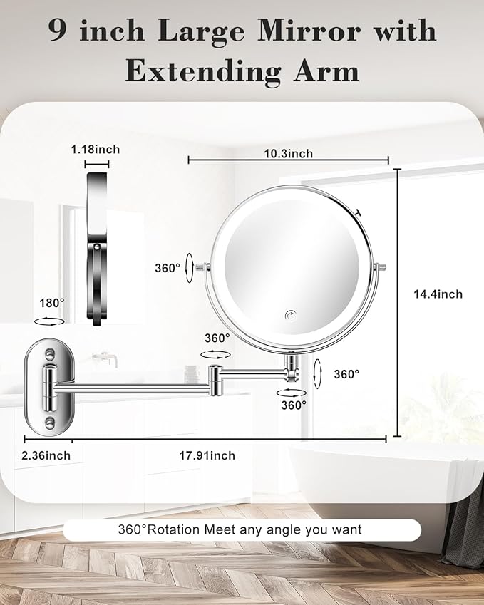 vpu 9" Wall Mounted Makeup Mirror with Light, 20X/1X Height Adjustable Double Sided Magnifying Bathroom Lighted Mirror, 3 Color Touch Dimmable Extended Arm 360 Rotation Light up Magnification Mirrors
