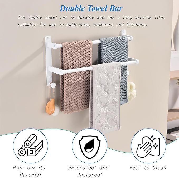18-Inch Double Towel Rack with Hooks - Space Saving Towel Bar for Bathroom, Stainless Steel Towel Holder, White Finished
