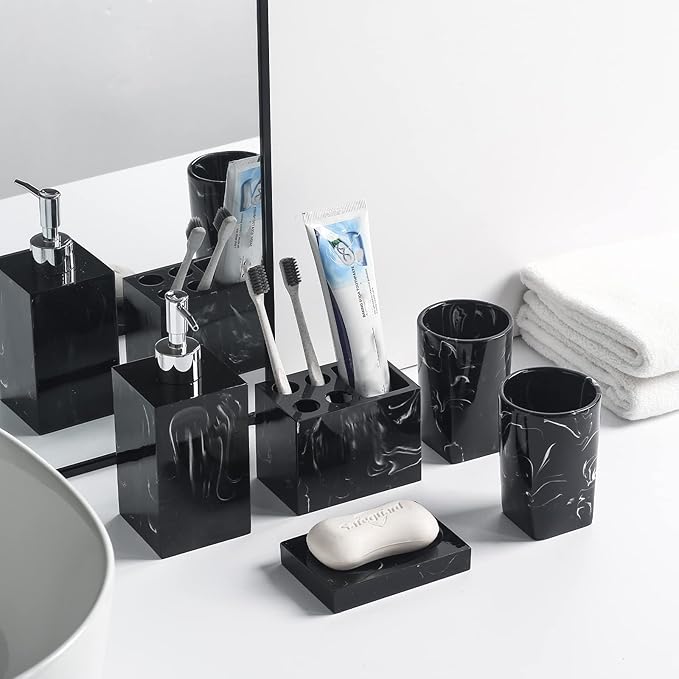 5 Piece Bathroom Accessories Set, Marble Resin Bathroom Vanity Set, Soap Dispenser, Toothbrush Holder, Soap Dish & 2 Tumblers, Bathroom Countertop Organizer Set (Ink Black)