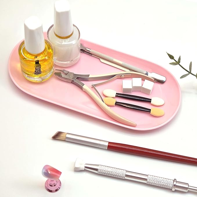 9" Nail Tools Tray Pink Manicure Accessory Storage Display Tray Jewelry Rhinestone Dish Cosmetics Organizer Oval Nail Art Decorative Small Storage Plate