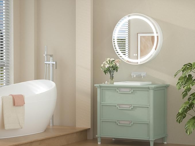 Keonjinn 26 Inch Round Medicine Cabinet with Lights, White LED Bathroom Medicine Cabinet Mirror, Circle, Electrical Outlet, 3 Color Lights, Anti-Fog, Dimmable, Surface Mount Only