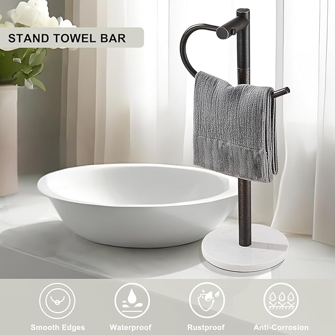 Standing Towel Bar Holder - Free Standing Bathroom Towel Rack Towel Holder with Engineered Stone Base - Countertop Vanity Towel Stand for Hand/Kitchen Towels (Oil-Rubbed Bronze)