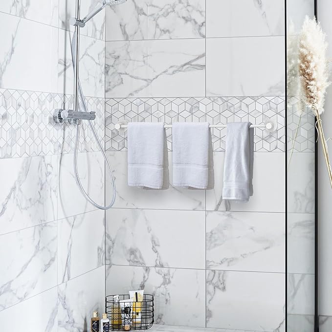Adjustable Single Bath Towel Bar 16 to 27.6 Inch, ZUEXT Oil Rubbed White Stainless Steel Towel Holder Hanger,Expandable Wall Mount Towel Rail for Bathroom Kitchen,1" Tube Towel Rail Racks w/Hooks