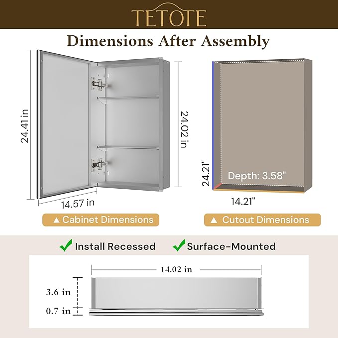 TETOTE 14 x 24 Medicine Cabinet with Tempered Beveled Mirror Silver Aluminum Cabinet DTC Hinges, Stepless Adjustable Shelves, Recessed/Surface-Mounted