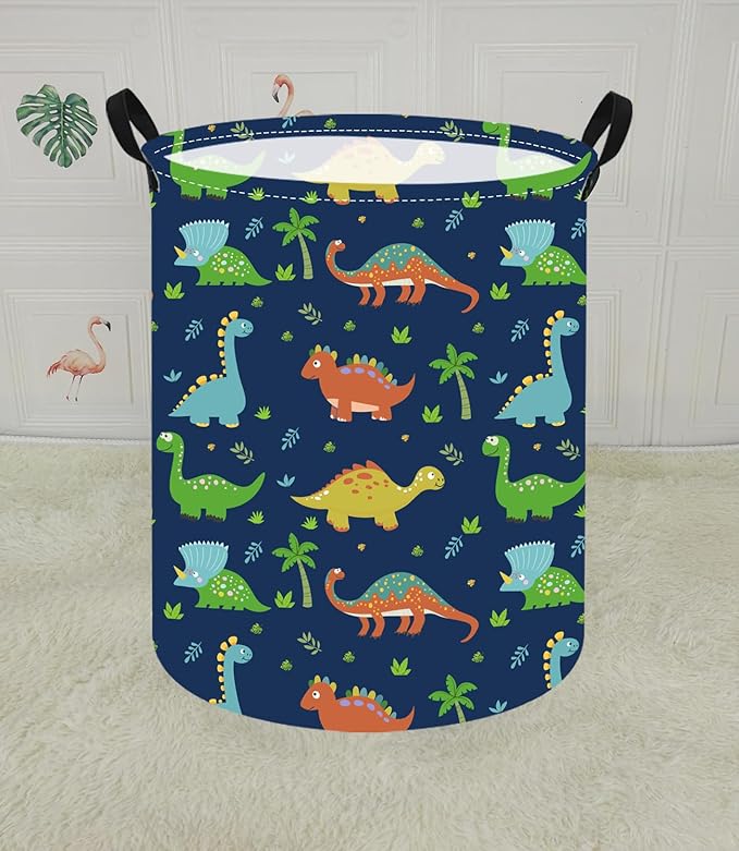 KUNRO Round Dinosaur Laundry Gift Basket Storage Hamper, Clothes Storage Organizer Bins, Shelf Basket with Handles for Room Decor
