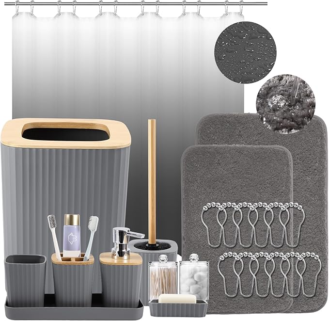 XLHOMO Bathroom Accessory Set–Bathroom Set with Shower Curtain and Rugs, No Slip Bathroom Rugs Super Absorbent, Grey Ombre Waterproof Shower Curtain with Hooks, Gray Bathroom Sets Complete for Home