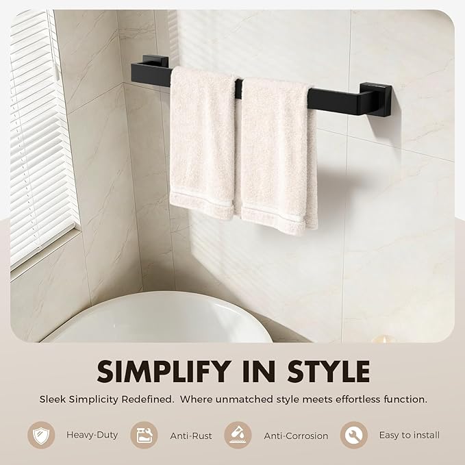 Bathroom Accessory Towel Bar Set: 5 Pieces Matte Black Square Bathroom Hardware SUS304 Stainless Steel - 24 Inch Wall Mounted Towel Rack&Toilet Paper Holder&Towel Ring and Towel Hook