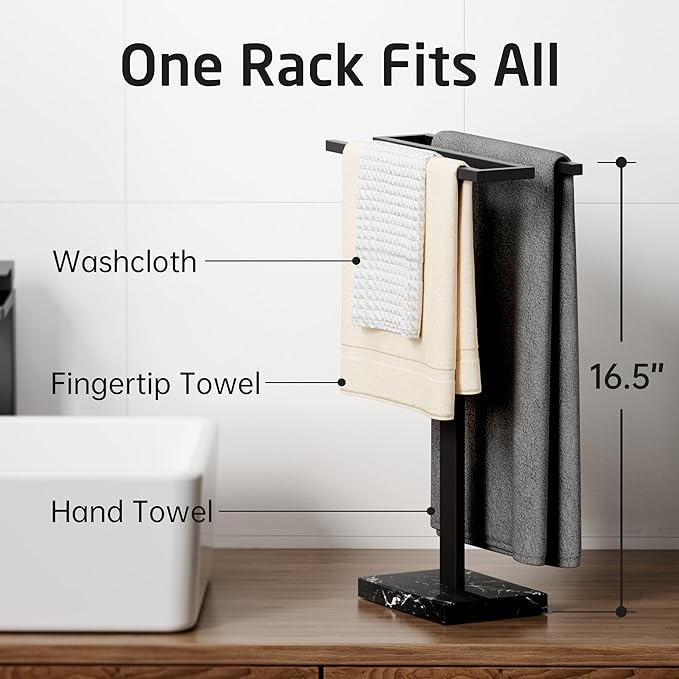 KES Hand Towel Holder Stand, Countertop Towel Stand with Black Marble Base, S-Shape Hand Towel Holder Freestanding for Bathroom 18/8 Stainless Steel All Black, BTH223-BBK