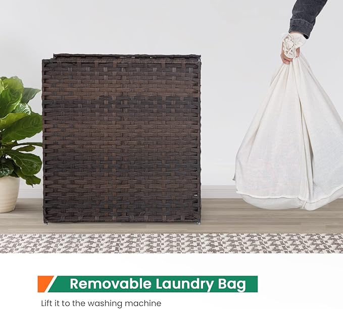 Paylesshere Laundry Basket Handwoven Laundry Hamper 90L/110L Foldable Rattan Hamper With Lid,2 Removable Liner Bags & 6 Laundry Bags,Clothes Hamper Bathroom Laundry Basket,Brown