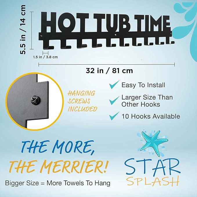 Star Splash Extra Large Hot Tub Towel Rack Outdoor – Rust Proof Outdoor Towel Hooks - Hardware Included - Hang Towels and Robes in Style – Upgrade Your Hot Tub Decor and Mudroom - Almost 3 Feet Long