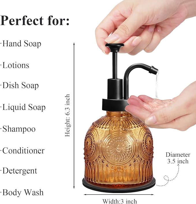 Amolliar 8 Oz Vintage Glass Bathroom Soap Dispensers with Pump, Refillable Kitchen Dish Soap Dispenser with Stripe, Antique Rustic Hand Soap Liquid Bottle (Brown-Black Pump)