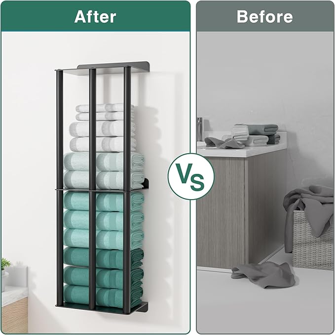 susswiff Towel Racks for Bathroom: 26 Inch Wall Mounted Towel Holder, Upgrade 2-Tier Towel Rack with 3-Vertical-Bars and 3-Steel-Shelves, for Modern Decor Bathroom Towel Storage (Matte Black)