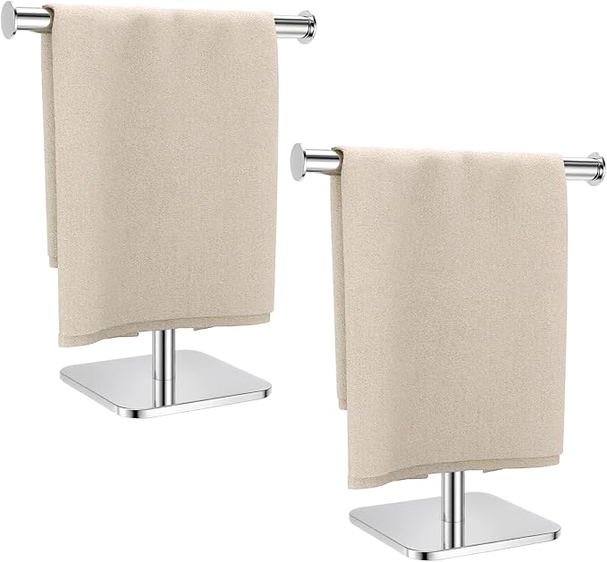RUACQ T-Shape Hand Towel Holder Stand, Weighted Base Towel Rack, 12" Countertop Towel Holder for Bathroom, 304 Stainless Steel, Heavy Duty (Chrome, 2 Pack)