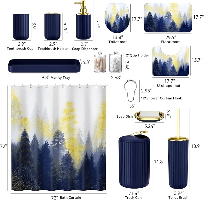 Navy and Gold Bathroom Accessories, Bathroom Sets with Shower Curtain and Rugs, Bath Rugs Accessory Set with Bathroom Trash Can, Soap Dispenser, Soap Dish for Home Decor