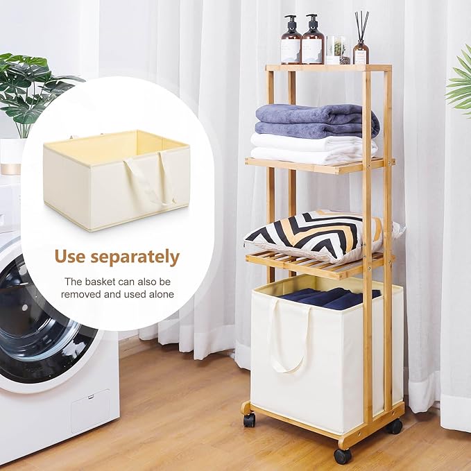 Homde Laundry Basket 3 Tier Bamboo Storage Shelf with Wheels Removable Container with Handle Freestanding Clothes Hamper Organizer for Bathroom Living Room Bedroom (Natural)